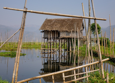 Wooden floating houses on Inle Lake, Myanmar. Inle Lake is a freshwater lake located in the Taunggyi District of Shan State.の写真素材