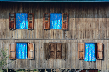 Detail of wooden house at floating village on Inle Lake, Myanmar.の写真素材