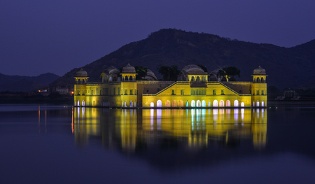 Illuminated Jal Mahal (meaning Water Palace, built in in the 18th century) at night in Jaipur, India.のeditorial素材