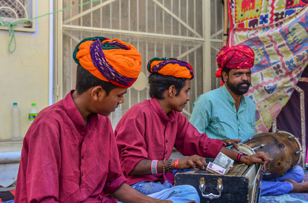 Jaipur, India - Nov 1, 2017. Traditional musicians at the City Palace in Jaipur, India. Jaipur is the capital and the largest city of Rajasthan State, India.のeditorial素材