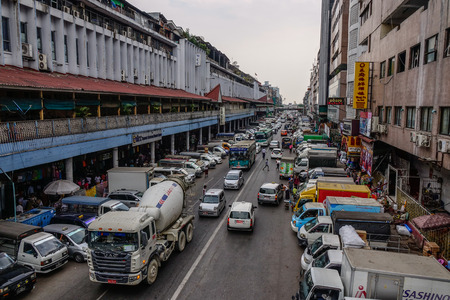 Yangon, Myanmar - Feb 26, 2016. Street of Yangon, Myanmar. For many years, motorbikes have been banned in Yangon.のeditorial素材
