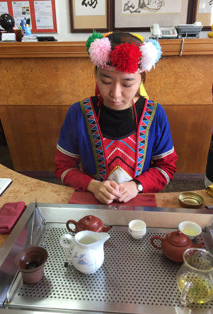 Taipei, Taiwan - Mar 13, 2015. A young man making Oolong tea at teahouse in Taipei, Taiwan.のeditorial素材