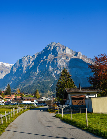Mountain town in Grindelwald, Switzerland. Grindelwald was one of the first tourist resorts in Europe.のeditorial素材