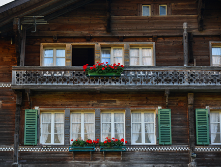 Details of the wooden house at small village in Interlaken, Switzerland.のeditorial素材