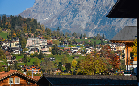Grindelwald, Switzerland - Oct 21, 2018. Mountain town in Grindelwald, Switzerland. Grindelwald was one of the first tourist resorts in Europe.のeditorial素材