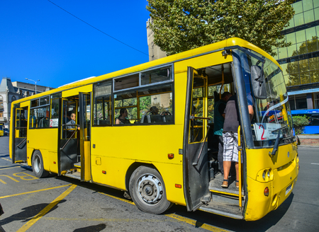 Tbilisi, Georgia - Sep 23, 2018. Local bus at downtown in Tbilisi, Georgia. Tbilisi is the Georgia...