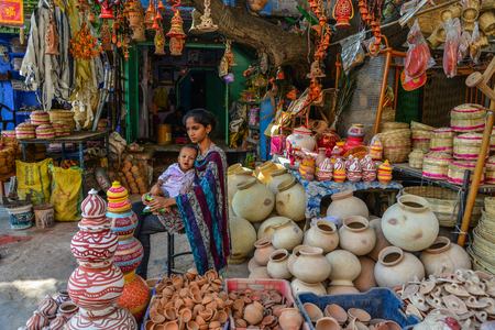 Jodhpur, India - Nov 6, 2017. Pottery shop at Sadar Market in Jodhpur, India. Jodhpur is the second largest city in state of Rajasthan.のeditorial素材