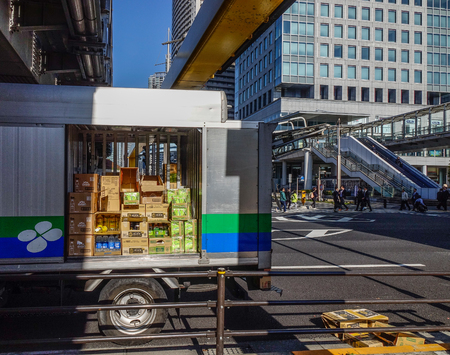 Tokyo, Japan - Jan 3, 2016. A truck carrying goods in Tokyo, Japan. Tokyo Metropolis is both the...