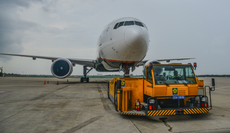 Saigon, Vietnam - Jul 23, 2018. A Boeing 777-300ER airplane of Eva Air taxiing on runway of Tan Son Nhat Airport (SGN) in Saigon (Ho Chi Minh City), Vietnam.のeditorial素材