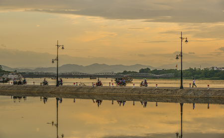 Hue, Vietnam - Jul 21, 2018. Huong River at sunrise in Hue, Vietnam. Hue is a city in central Vietnam that was the national capital from 1802 to 1945.のeditorial素材