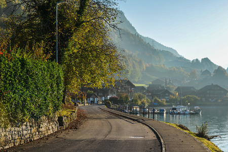 Beautiful town of Lake Brienz, Switzerland. The turquoise Lake Brienz is set amid the spectacular mountain scenery.のeditorial素材
