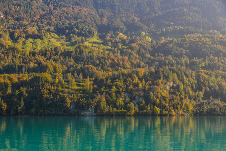 Beautiful scenery of Lake Brienz, Switzerland. The turquoise Lake Brienz is set amid the spectacular mountain scenery.の写真素材