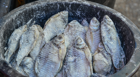 Traditional Asian fish market, stall full of dried seafood in Taunggyi, Shan state, Myanmar (Burma).の写真素材