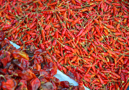 Dried red chilli or chilli cayenne pepper for sale at local market.の写真素材
