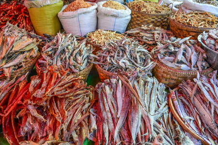 Traditional Asian fish market, stall full of dried seafood in Taunggyi, Shan state, Myanmar (Burma).の写真素材