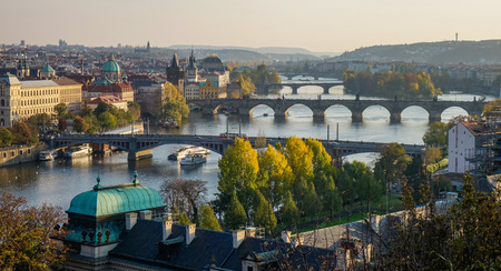 Bridges of Prague over Vltava River on sunny day. Scenic view from Letna Hill in Prague, Czech Republic.のeditorial素材