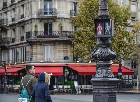 Paris, France - Oct 2, 2018. Traffic light at downtown of Paris, France. Paris was ranked as the third most visited travel destination in the world in 2017.のeditorial素材