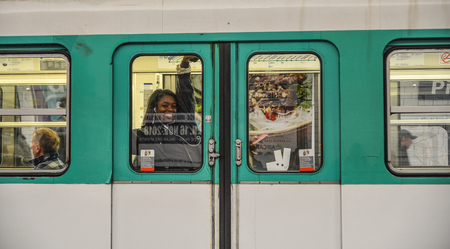 Paris, France - Oct 1, 2018. A Metro train in Paris, France. It is the second busiest metro system in Europe, after the Moscow.のeditorial素材