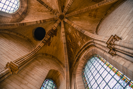 Paris, France - Oct 2, 2018. Interior of Notre-Dame de Paris. Cathedral is one of the finest examples of French Gothic architecture.のeditorial素材