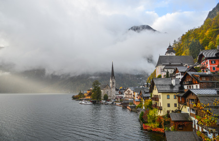 Hallstatt, Austria - Oct 25, 2018. Beautiful Hallstatt Village of Austria. Hallstatt is a charming lakeside village in the Alps.のeditorial素材