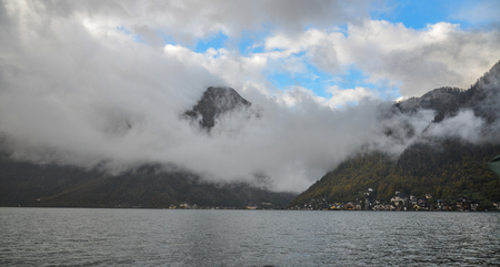 Beautiful lake scenery at autumn day in Hallstatt, Austria.