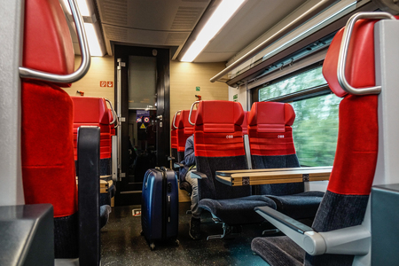 Linz, Austria - Oct 25, 2018. Interior of highspeed train in Linz, Austria. The railway network consists of 6,123km, its gauge is 1,435mm standard gauge.のeditorial素材