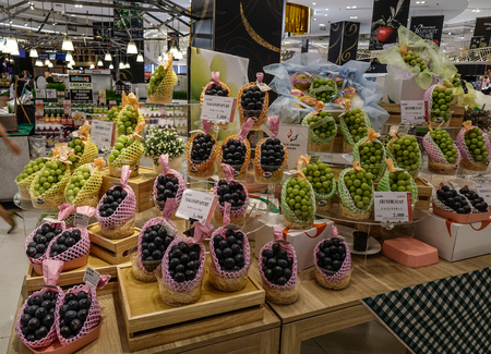 Bangkok, Thailand - Sep 16, 2018. Selling Japanese grape at supermarket in Bangkok, Thailand.のeditorial素材
