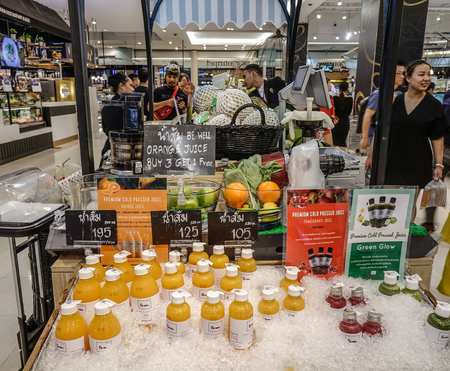 Bangkok, Thailand - Apr 20, 2018. Fresh fruit juice at supermarket in Bangkok, Thailand. Bangkok is the most populous city of the Kingdom of Thailand.のeditorial素材