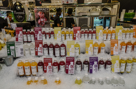 Bangkok, Thailand - Apr 20, 2018. Fresh fruit juice at supermarket in Bangkok, Thailand. Bangkok is the most populous city of the Kingdom of Thailand.のeditorial素材
