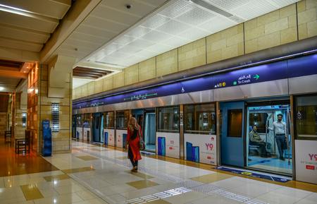 Dubai, UAE - Dec 9, 2018. Metro station in Dubai, UAE. Until 2016, the Dubai Metro was the world longest driverless metro network.のeditorial素材