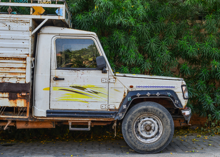 Jodhpur, India - Nov 6, 2017. A small truck parking on street in Jodhpur, India. Jodhpur is the second largest city in state of Rajasthan.のeditorial素材