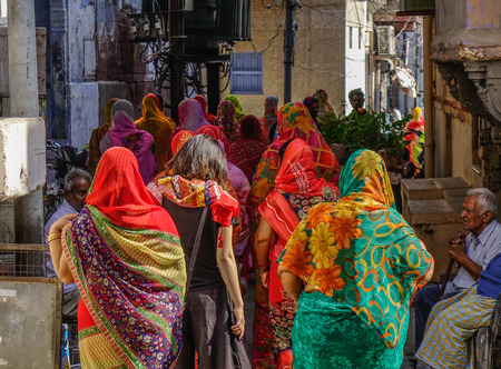 Pushkar, India - Nov 5, 2017. Women walking on street in Pushkar, India. Pushkar is a pilgrimage site for Hindus and Sikhs, located in State of Rajasthan.のeditorial素材