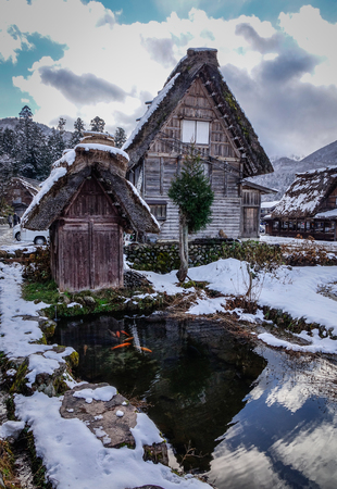 Historic Village of Shirakawago at winter in Gifu, Japan. Shirakawago is one of Japan    Sites.のeditorial素材