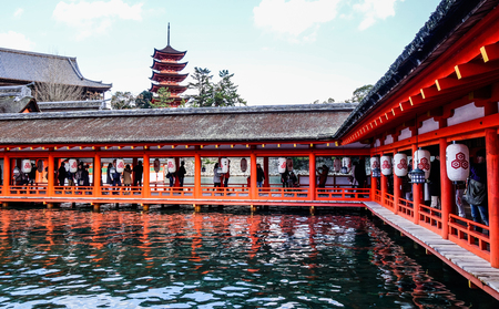 Hiroshima, Japan - Dec 28, 2015. View of Itsukushima Shrine on Miyajima Island in Hiroshima, Japan. The Shrine was registered as a world heritage site in 1996.のeditorial素材