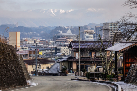 Takayama, Japan - Dec 30, 2015. Old town at winter in Takayama, Japan. Takayama is a city in Japan mountainous Gifu Prefecture.のeditorial素材