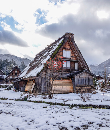 Historic Village of Shirakawago at winter in Gifu, Japan. Shirakawago is one of Japan UNESCO World Heritage Sites.のeditorial素材