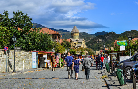 Mtskheta, Georgia - Sep 26, 2018. People walking on street of Mtskheta. One of the oldest cities of Georgia, Mtskheta became a UNESCO Heritage Site in 1994.のeditorial素材