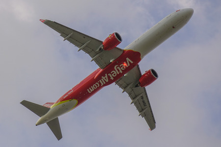 Saigon, Vietnam - Jan 6, 2019. An Airbus A321 airplane of Vietjet Air taking off from Tan Son Nhat Airport (SGN) in Saigon (Ho Chi Minh City), Vietnam.のeditorial素材