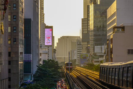 Bangkok, Thailand - Dec 24, 2018. BTS Skytrain on the rail track  in Bangkok, Thailand. Each train of the mass transport rail network can carry over 1,000 passengers.のeditorial素材