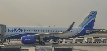 Bangkok, Thailand - Dec 25, 2018. An Airbus A320 airplane of IndiGo docking at Bangkok Suvarnabhumi International Airport (BKK).のeditorial素材