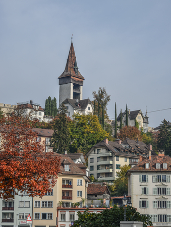Lucerne, Switzerland - Oct 23, 2018. Historic city center of Lucerne, Switzerland. Lucerne (Luzern) is a beautiful small city in the heartland of Switzerland.のeditorial素材