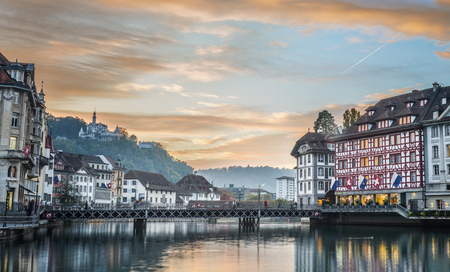 Lucerne, Switzerland - Oct 23, 2018. Views of the famous river promenade of the old town at sunset in Lucerne, Switzerland.のeditorial素材