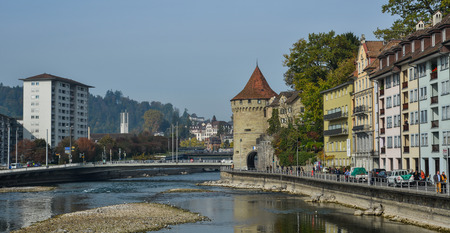 Lucerne, Switzerland - Oct 23, 2018. Historic city center of Lucerne, Switzerland. Lucerne (Luzern) is a beautiful small city in the heartland of Switzerland.のeditorial素材