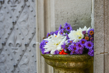 Beautiful flowers at the ancient stone temple in Luzern, Switzerland.の写真素材