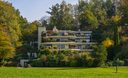 Lucerne, Switzerland - Oct 23, 2018. A luxury house in Lucerne, Switzerland. Lucerne (Luzern) is a beautiful small city in the heartland of Switzerland.のeditorial素材