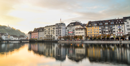 Lucerne, Switzerland - Oct 23, 2018. Views of the famous river promenade of the old town at sunset in Lucerne, Switzerland.のeditorial素材