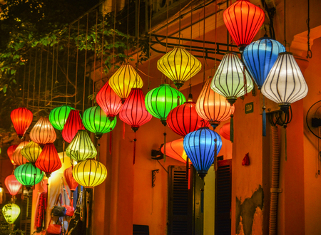 Hoi An, Vietnam - Jan 20, 2019. Lanterns lighted up on the streets of Hoi An, during the Hoi An Full Moon Lantern Festival.のeditorial素材