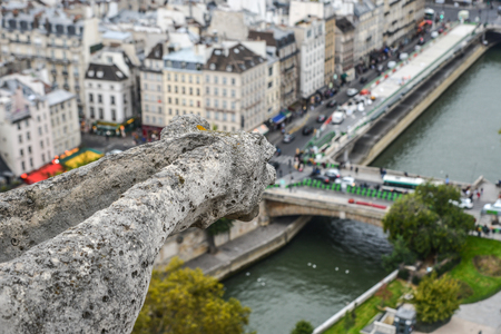 Paris, France - Oct 2, 2018. Aerial view on River Seine with bridges and touristic ships as seen from top of Notre-Dame de Paris.のeditorial素材