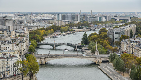 Paris, France - Oct 2, 2018. Aerial view on River Seine with bridges and touristic ships as seen from top of Notre-Dame de Paris.のeditorial素材