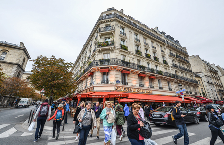Paris, France - Oct 2, 2018. People visit old town in Paris, France. Paris was ranked as the third most visited travel destination in the world in 2017.のeditorial素材